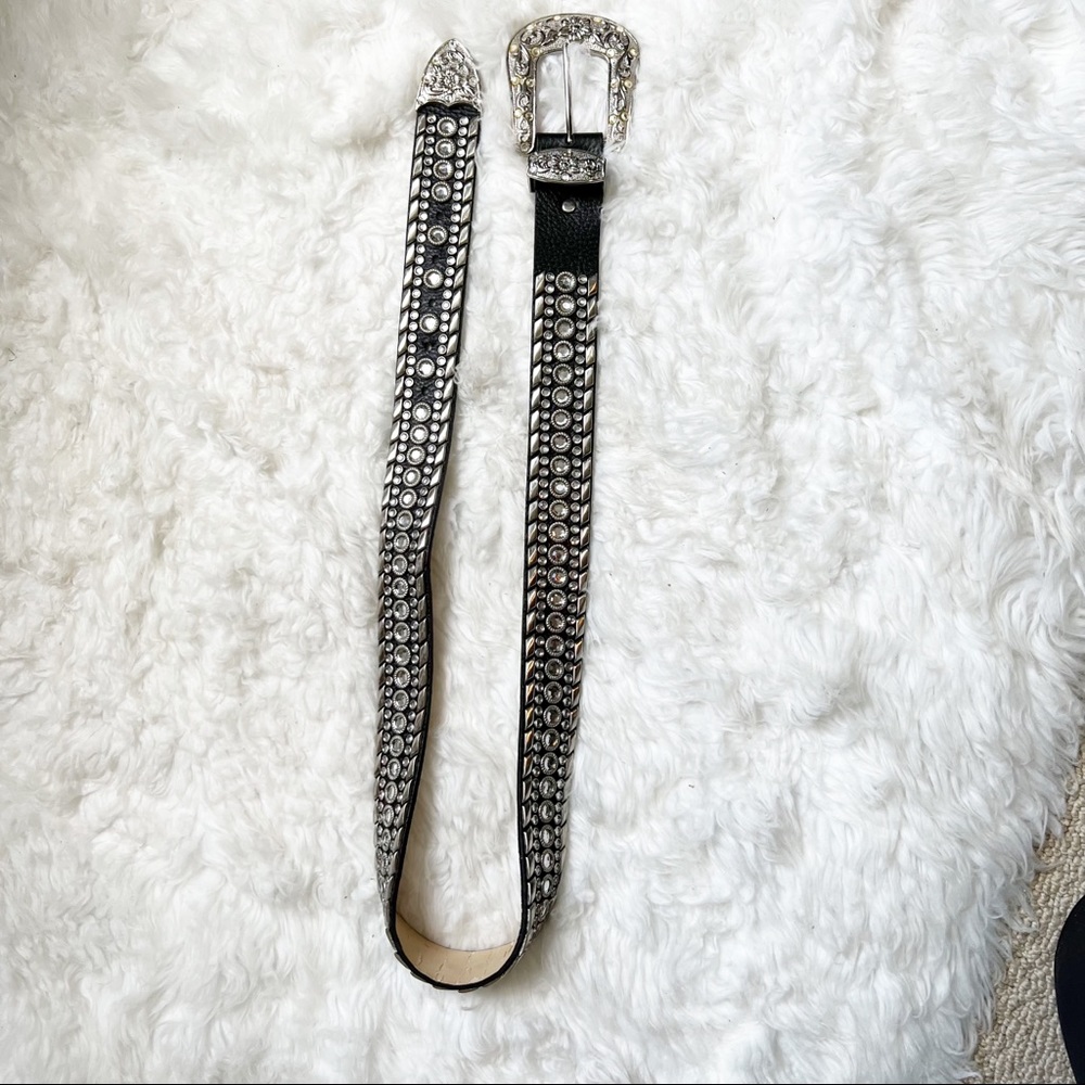 Women’s leather belt with large silver buckle black silver bling rhinestones - Picture 4 of 9